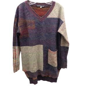 Vintage 90s Color Block Oversized Sweater V Neck Patch Pocket L Clotheshead